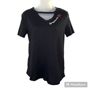 Arizona Jeans Co. Black Short Sleeve Cut Out V-Neck Top Size Small